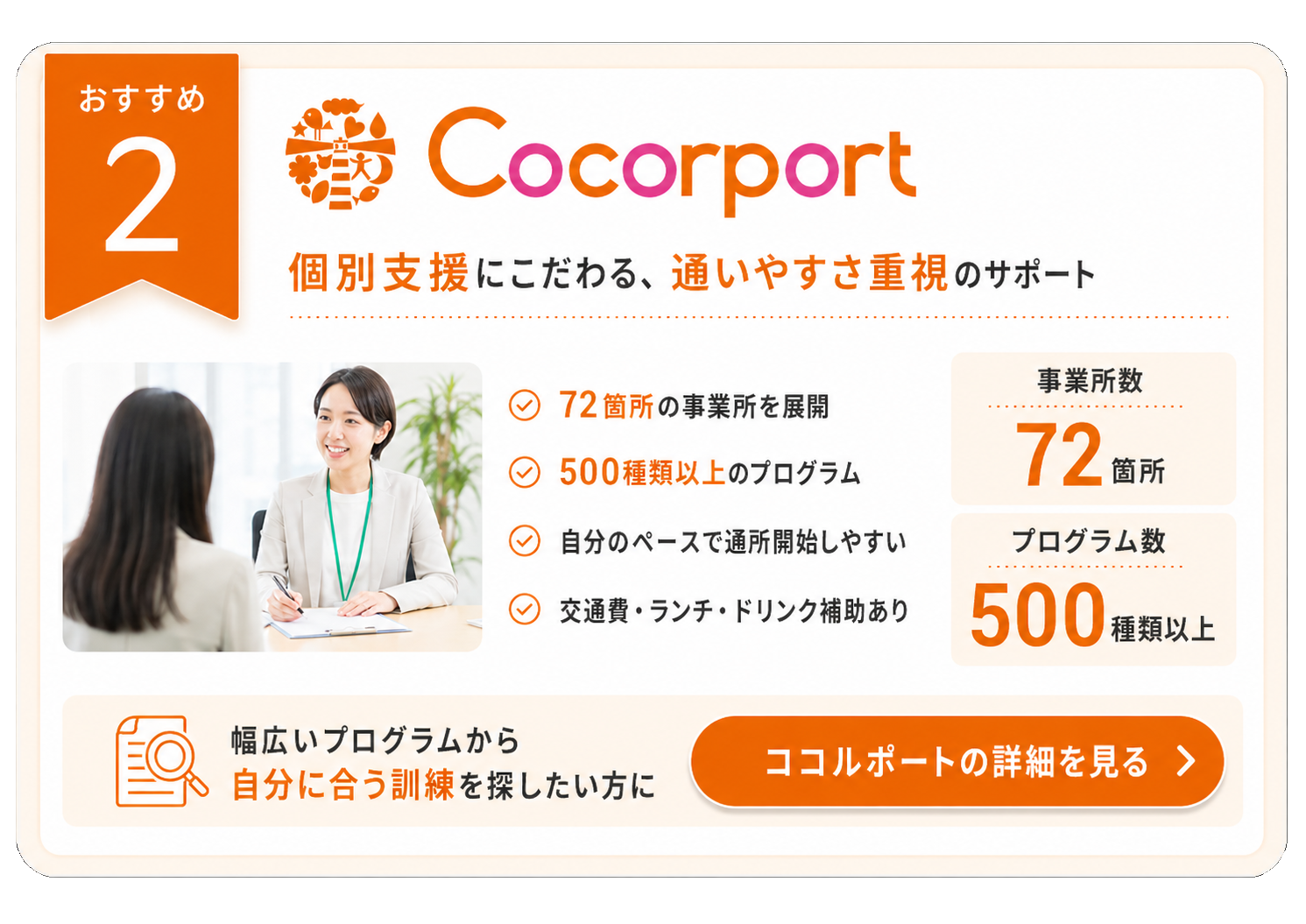 ココルポートの個別支援とプログラム数を紹介するカード
